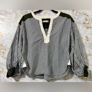 LOFT Black and White Striped Blouse with Green Accents